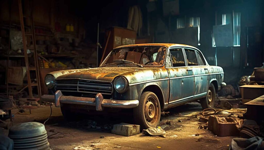 Old rusted vehicle abandoned in barn, depicting diminished value