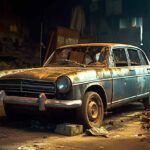 Old rusted vehicle abandoned in barn, depicting diminished value