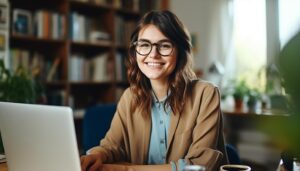Woman receiving online vehicle appraisal on her laptop at home