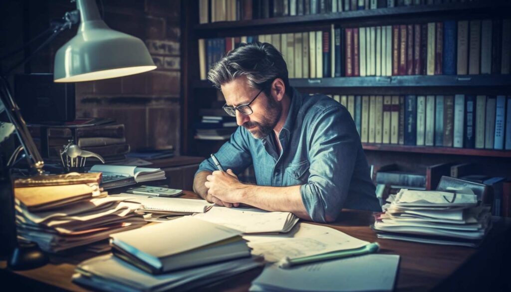 Father calculating diminished value at home office desk