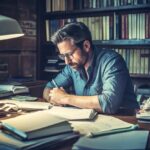 Father calculating diminished value at home office desk