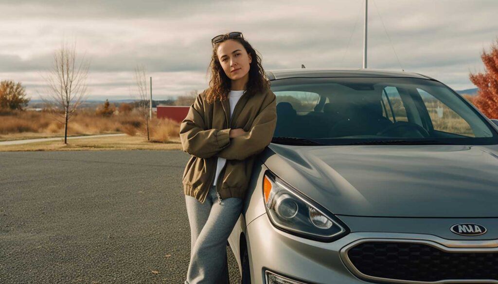 Woman leaning on vehicle, learning about diminished value assessment