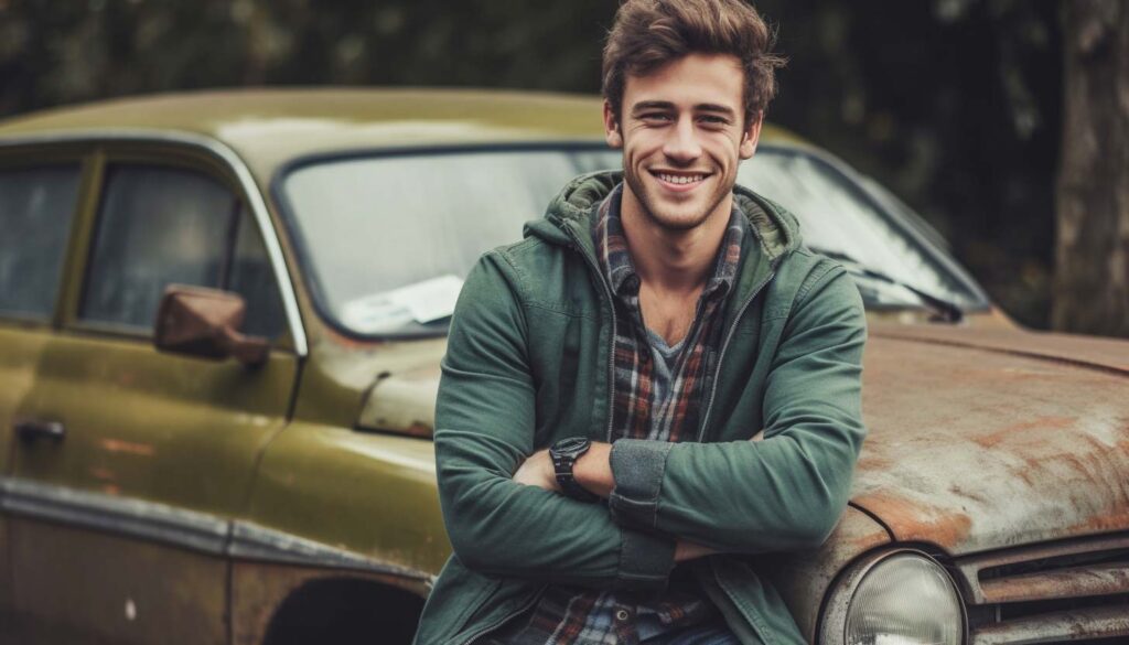 Happy man leaning on old vehicle learning about Lemon Law