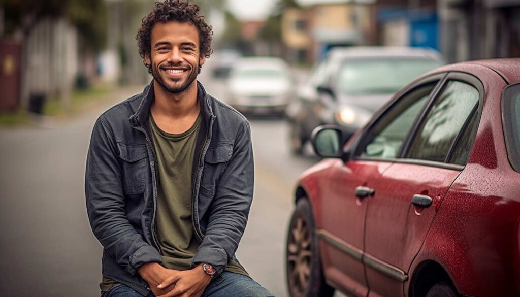 Happy man leaning on car understanding diminished value assessment process