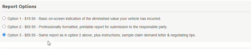 User selecting Option 1 for diminished value report on DVASSESS website.