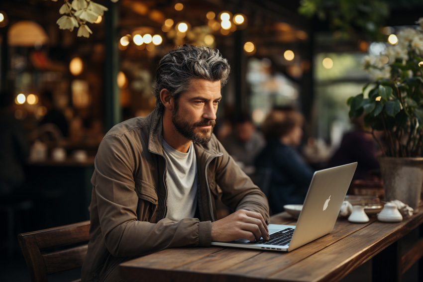 A focused man at a café, looking at his laptop, ready to order a diminished value report from DVASSESS.
