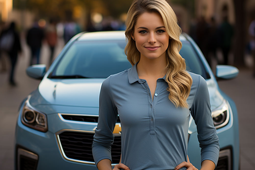 Woman standing next to her used sedan, contemplating diminished value after an accident