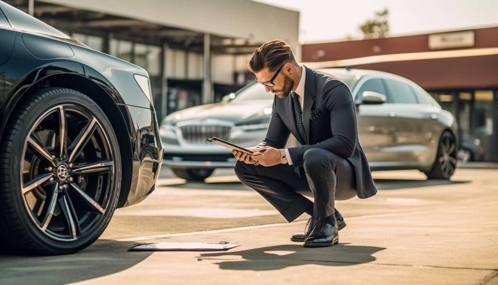 Professional vehicle appraiser conducting an inspection to determine diminished value after an accident.