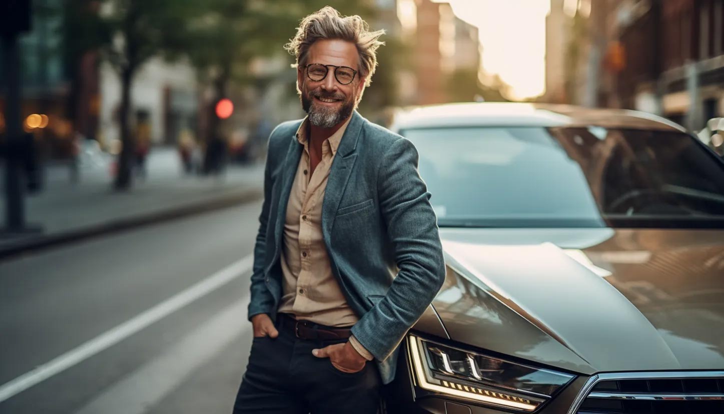 Man leaning on car after successfully navigating diminished value claim.