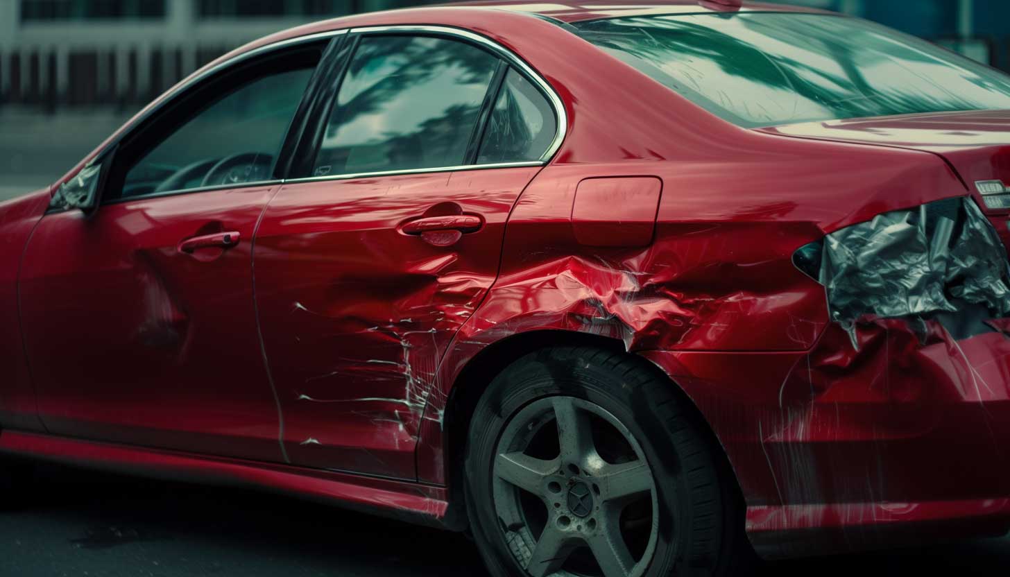 Car with a large dent, symbolizing diminished value in California