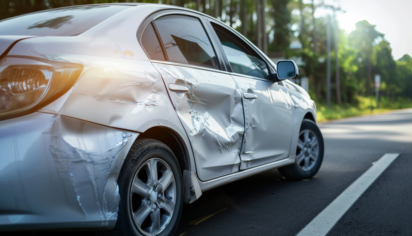 Modern sedan with visible damage parked in Florida, symbolizing diminished value after an accident.